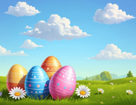 Bunte Ostereier auf einer Fr&uuml;hlingswiese mit G&auml;nsebl&uuml;mchen unter blauem Himmel.