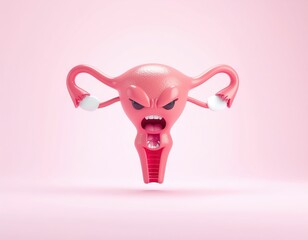 W&uuml;tende Comic-Geb&auml;rmutter als symbolische Darstellung von Menstruationsbeschwerden auf rosa Hintergrund.