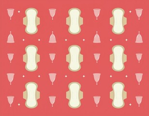 Nahtloses Muster mit Menstruationstassen und Binden auf korallfarbenem Hintergrund.