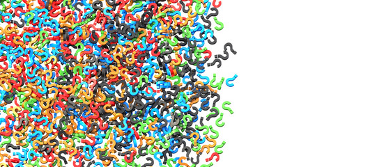 Obraz premium Colorful question marks on white background with empty space on right side. 3D Rendering