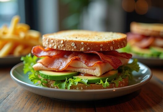 Bacon Avocado Turkey Club Sandwich Vibrant Cafeteria Lunch Urban Stylish Atmosphere