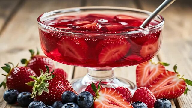 Close up of refreshing dessert with fresh berries on rustic tabletop