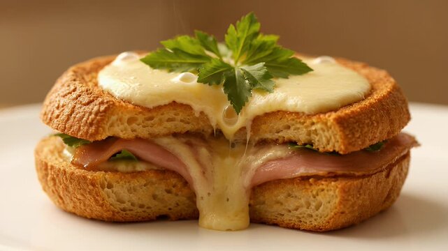 Delicious and decadent Croque Madame sandwich with melted cheese and ham