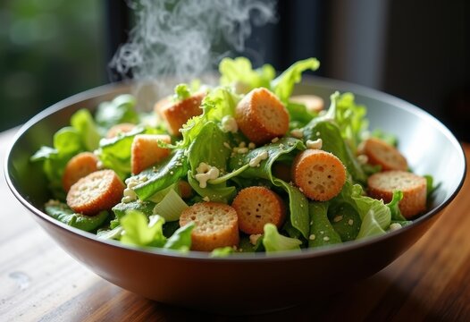 Chilled Caesar Salad Crisp Romaine Crunchy Croutons Classic Dressing Stainless Steel Bowl