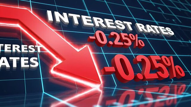 Red arrow points down on decreasing interest rates shown as text and percentages