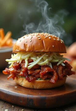 Delectable Pulled Pork Sandwich Coleslaw Rustic Wooden Serving Tray Artistry