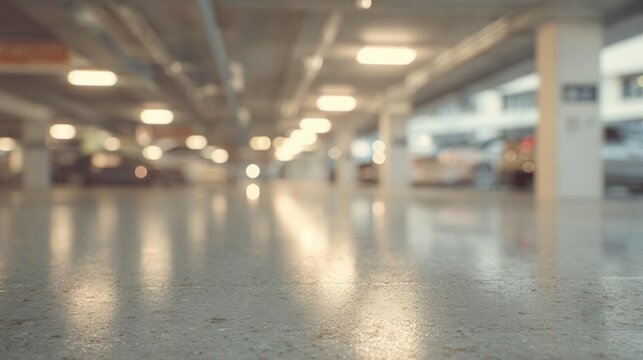 Long, empty parking garage with a concrete floor. the floor is made of concrete and has a shiny, reflective surface. the ceiling is high and has multiple rows of lights hanging from it.