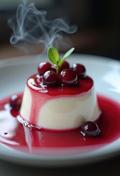 Elegant Panna Cotta with Berry Coulis on Reflective Dessert Surface