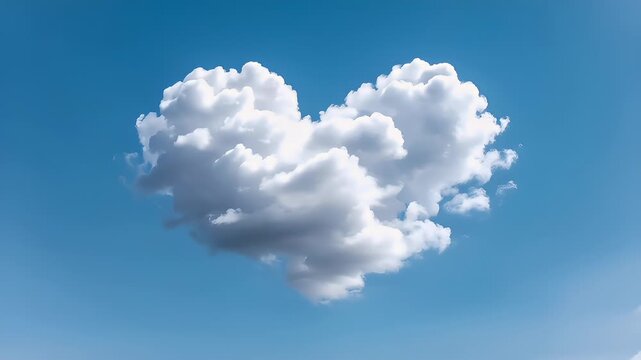 Romantic love theme for Valentines Day. A heartshaped cloud floating in a bright blue sky, creating a serene and tranquil atmosphere.