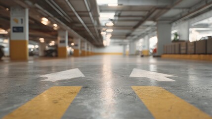 Empty parking garage with two yellow arrows pointing in opposite directions. the floor is made of concrete and there are several pillars on either side of the image.