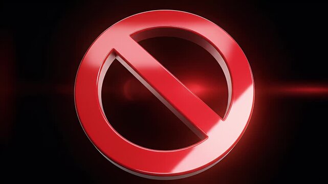 A glossy red prohibition symbol with a diagonal line is centered against a dark, smoky background
