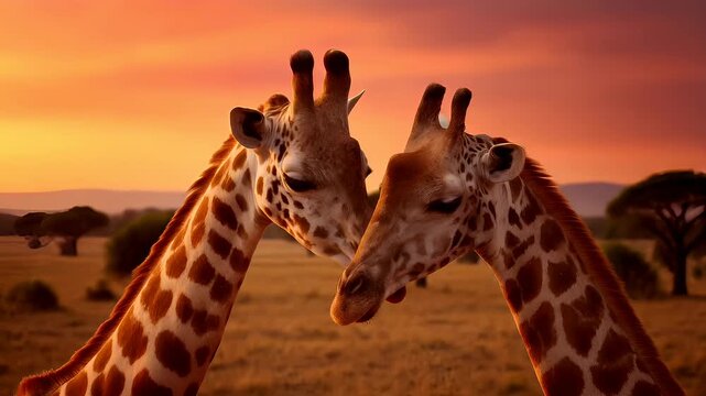 Romantic love theme for Valentines Day. Two giraffes standing side by side against a vibrant sunset backdrop. The sky is painted in a range of warm hues, from deep oranges to bright yellows.