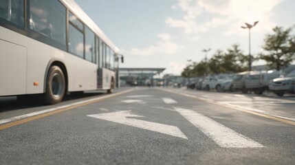 Fototapeta premium White bus parked on the side of a road. the bus is facing towards the right side of the image and appears to be in motion. the road is empty and there are a few cars parked on both sides of the road.