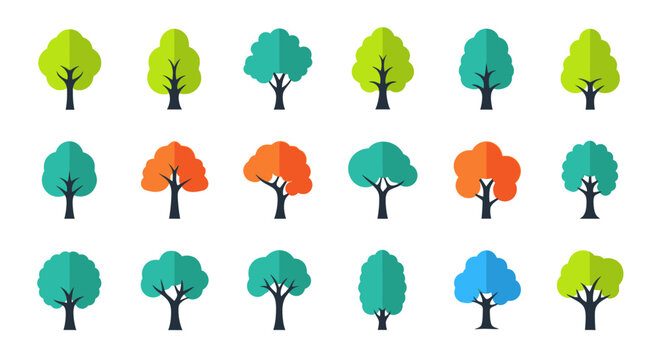 A collection of colorful flat trees icons for design and illustrative purposes