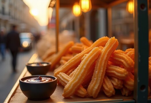 Golden Crunchy Churros Deliciously Dipping into Chocolate Sauce Street Vendor Delight