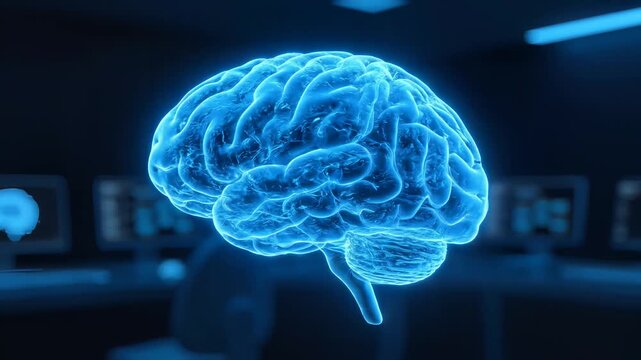 The glowing blue brain rotates in a dark laboratory setting with computers.
