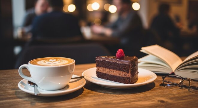 Coffee and cake on a wooden table with open book in cafe setting