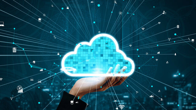 A conceptual image showcasing a hand holding a glowing cloud icon, symbolizing data storage and cloud technology interconnected with multiple digital elements and symbols. Xenic