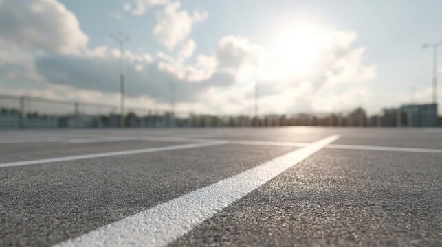 Empty parking lot with a white line marking the center of the road. the sky is blue with a few white clouds scattered across it.