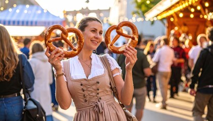 Woman in Dirndl Holding Pretzels at Festival.