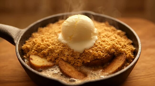 Delicious apple cobbler dessert with vanilla ice cream in a cast iron pan