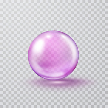 Glass ball isolated on transparent background. Realistic vector clear crystal sphere, pink water bubble with shadow