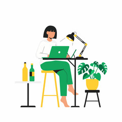Fototapeta premium Illustration of a woman working from home on a laptop, sitting at a desk with a lamp and a plant, with bottles on a side table.