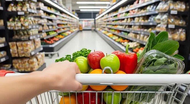 Hand pushes shopping cart full of fresh fruit and vegetables down a supermarket aisle