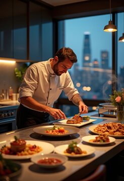Penthouse Dinner Party In Gastronomic Wonderland: Elite Chef Creating Culinary Masterpiece Under Starry Luxury Skyline