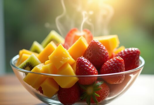 Radiant Morning Fruit Medley in Glass Bowl Near Sunlit Window Offering Freshness and Cheerfulness