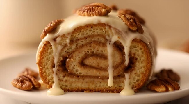 Delicious homemade cinnamon roll, topped with cream cheese icing and pecans