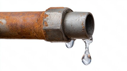 Leaking rusty pipe with dripping water against white background