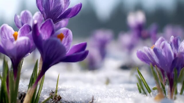Spring snow ice thaw, end of Winter Season, hope, fresh start. Purple crocuses in the snow with a blurred background.
