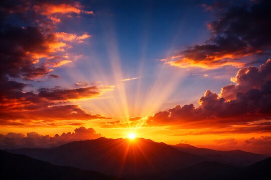 Spectacular natural phenomenon captured at dawn or dusk, showcasing a breathtaking golden sun setting or rising behind majestic mountain peaks, illuminating the dramatic sky with vibrant rays and fier