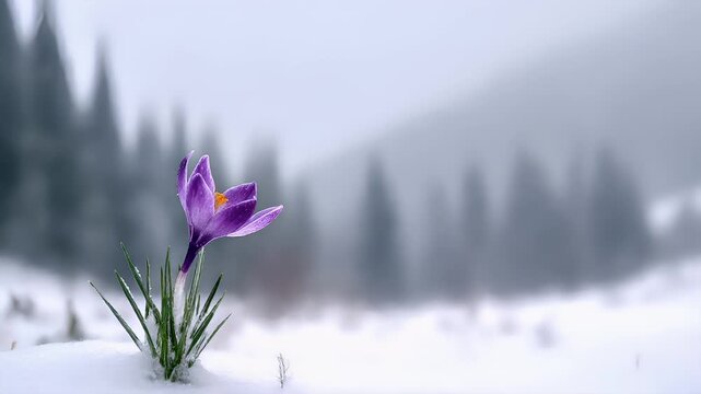 Spring snow ice thaw, end of Winter Season, hope, fresh start. A solitary purple crocus in the snow, its vibrant petals contrasting against the pristine white backdrop.