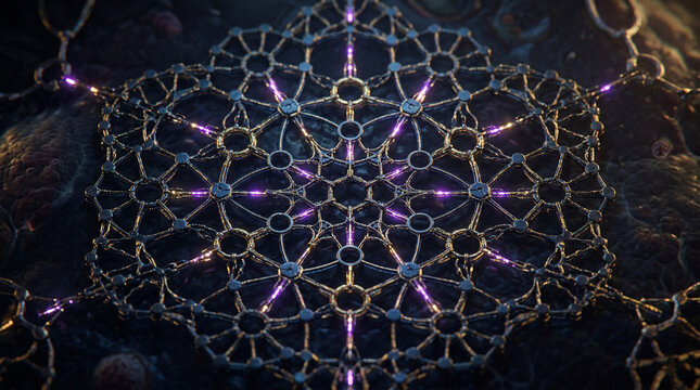 Abstract network of self-assembling nanorobots in a microscopic environment, glowing purple neural links and complex geometric molecular structure, nanotechnology and biotechnology concept