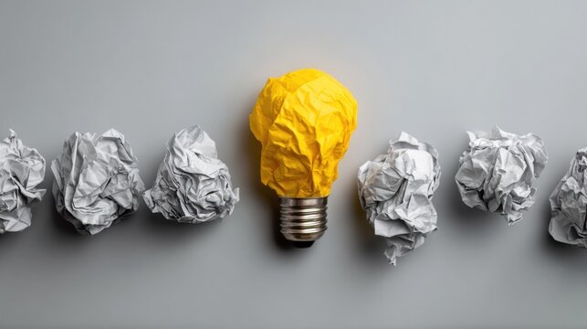 Yellow light bulb stands out among crumpled paper balls