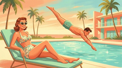 Obraz premium Retro illustration of a couple enjoying a summer day at a poolside resort.