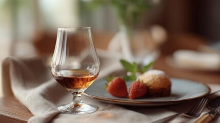 Naklejka premium Table setting with a glass of cognac and a plate of strawberries. the glass is filled with a golden-brown liquid, likely cognac, and is placed on a beige napkin.
