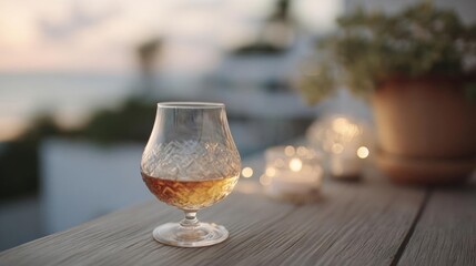 Obraz premium Glass of cognac on a wooden table with a beautiful view of the ocean in the background.