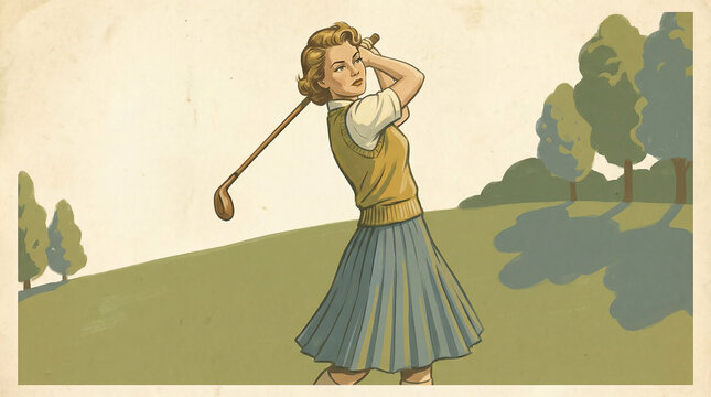 Vintage illustration of a woman golfer swinging a club on a green course.