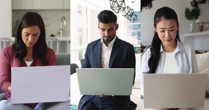 Split portrait of diverse young business professionals working on laptop from home and office, thinking on creative task, marketing strategy, work challenge, touching chin, head