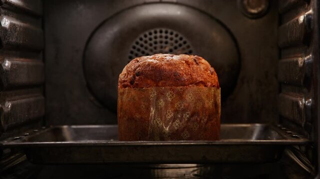 Close up of hand sliding a small loaf of bread on a baking tray into a hot oven, browned crust and rising crumb visible in warm light, steam and heat inside oven cavity during baking, hand foreground
