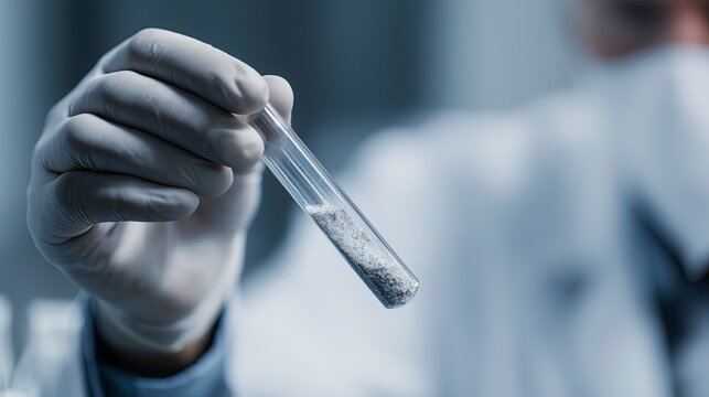 Laboratory technician holding test tube with asbestos sample  