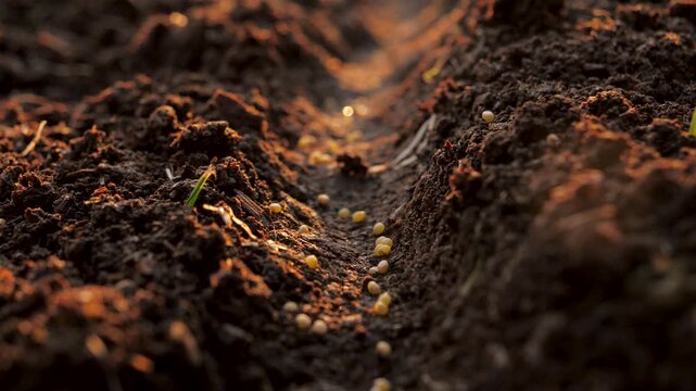 Close up view of seeds being sown in freshly plowed furrow in fertile soil with warm golden light of sunset highlighting. Agricultural process of planting for future growth and harvest