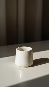 small white ceramic cup on white table top