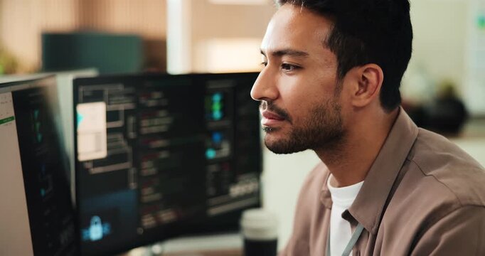 Reading, computer and programming with business man for cybersecurity, firewall code and research. Software engineering, it encryption and cloud data systems with person in office for tech agency