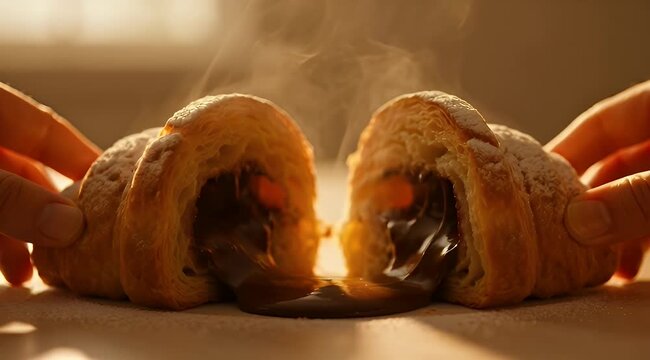 Steaming chocolate filled croissant being pulled apart by hands, powdered sugar sprinkled
