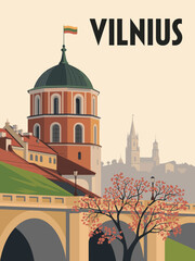Fototapeta premium Vilnius Poster, vintage travel wall art with bold black text and retro cityscape in orange, green, gray, and pink tones