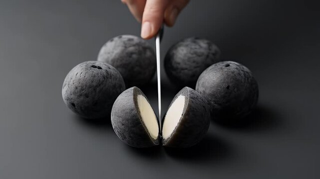 Minimalist black charcoal dessert spheres being sliced, gourmet molecular gastronomy balls with white cream filling, elegant dark food styling